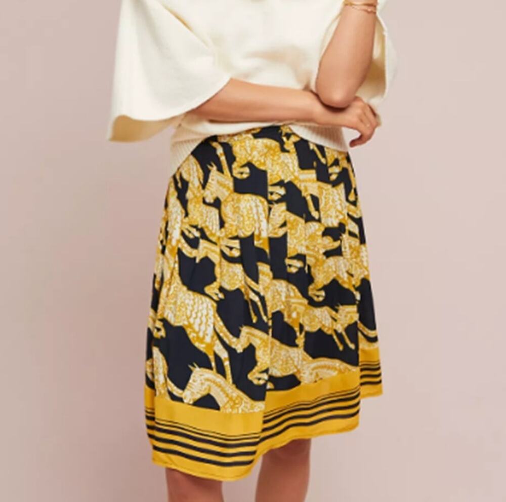 Anthropologie Maeve 2 Jade A Line Skirt Trojan Horse Print Style Pleated Skirt